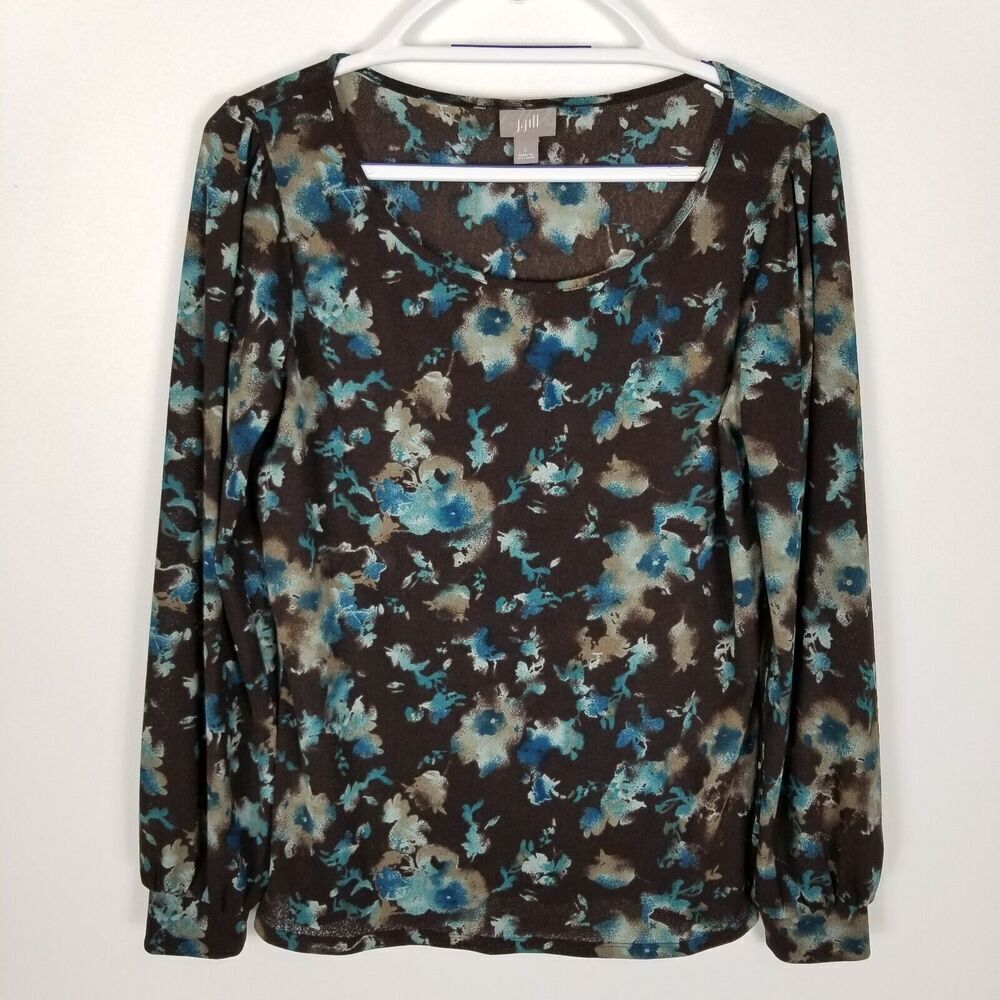 J.Jill Women Floral Jersey Top Size L Long Sleeve Stretch Blouse Popover